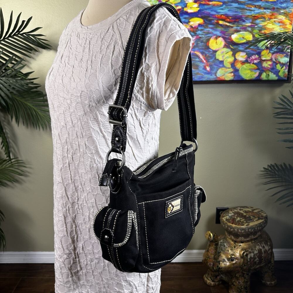 Fossil 2YK Canvas Bag Crossbody Black Pockets Vegan Silver Hardware